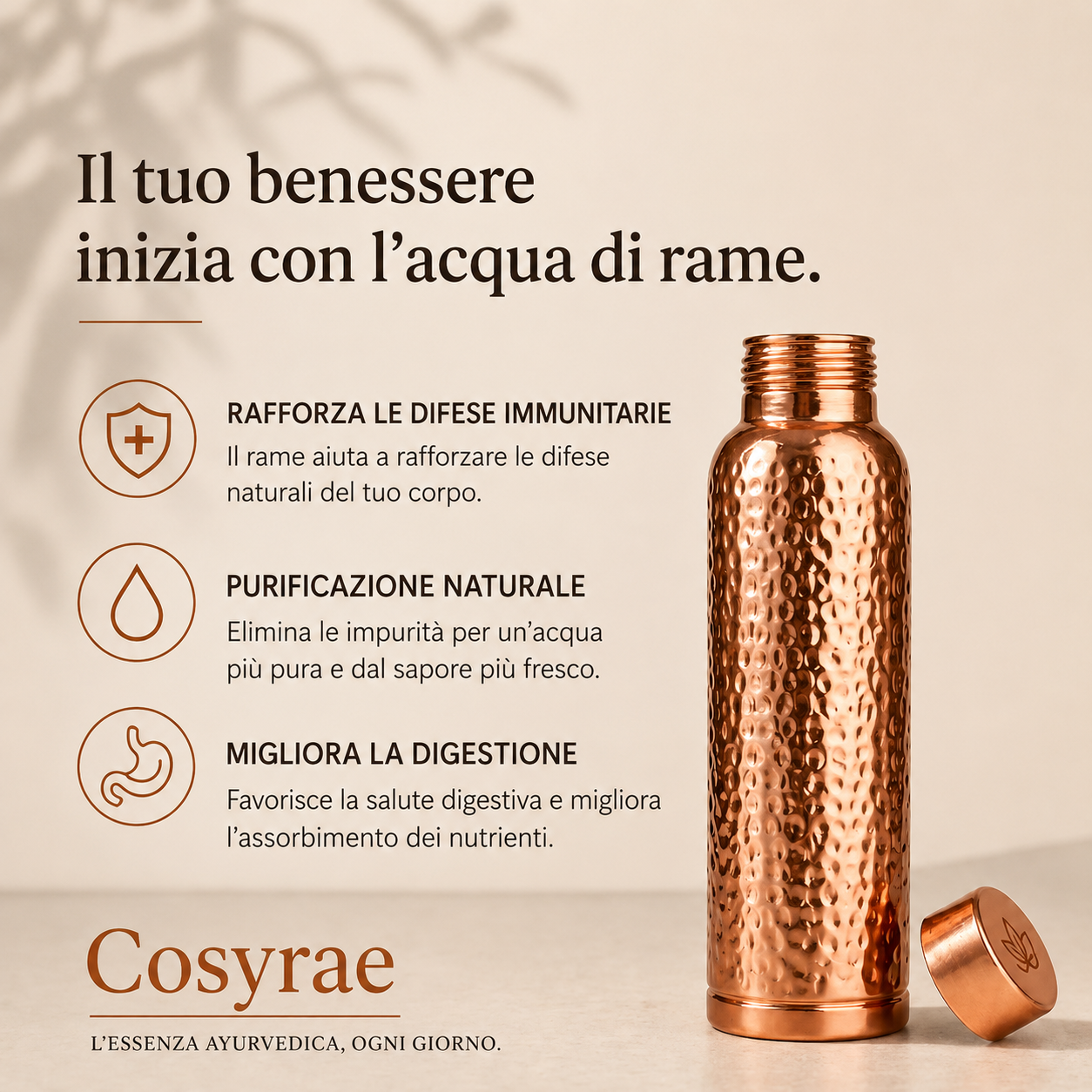 Bottiglia d'acqua in rame – Cosyrae | Acqua purificata naturalmente, senza plastica