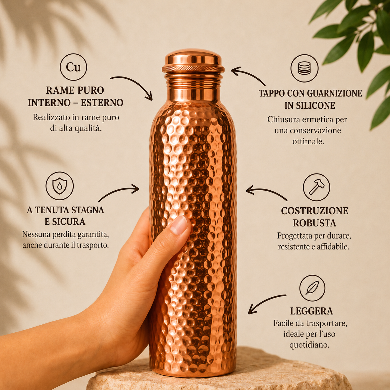 Bottiglia d'acqua in rame – Cosyrae | Acqua purificata naturalmente, senza plastica