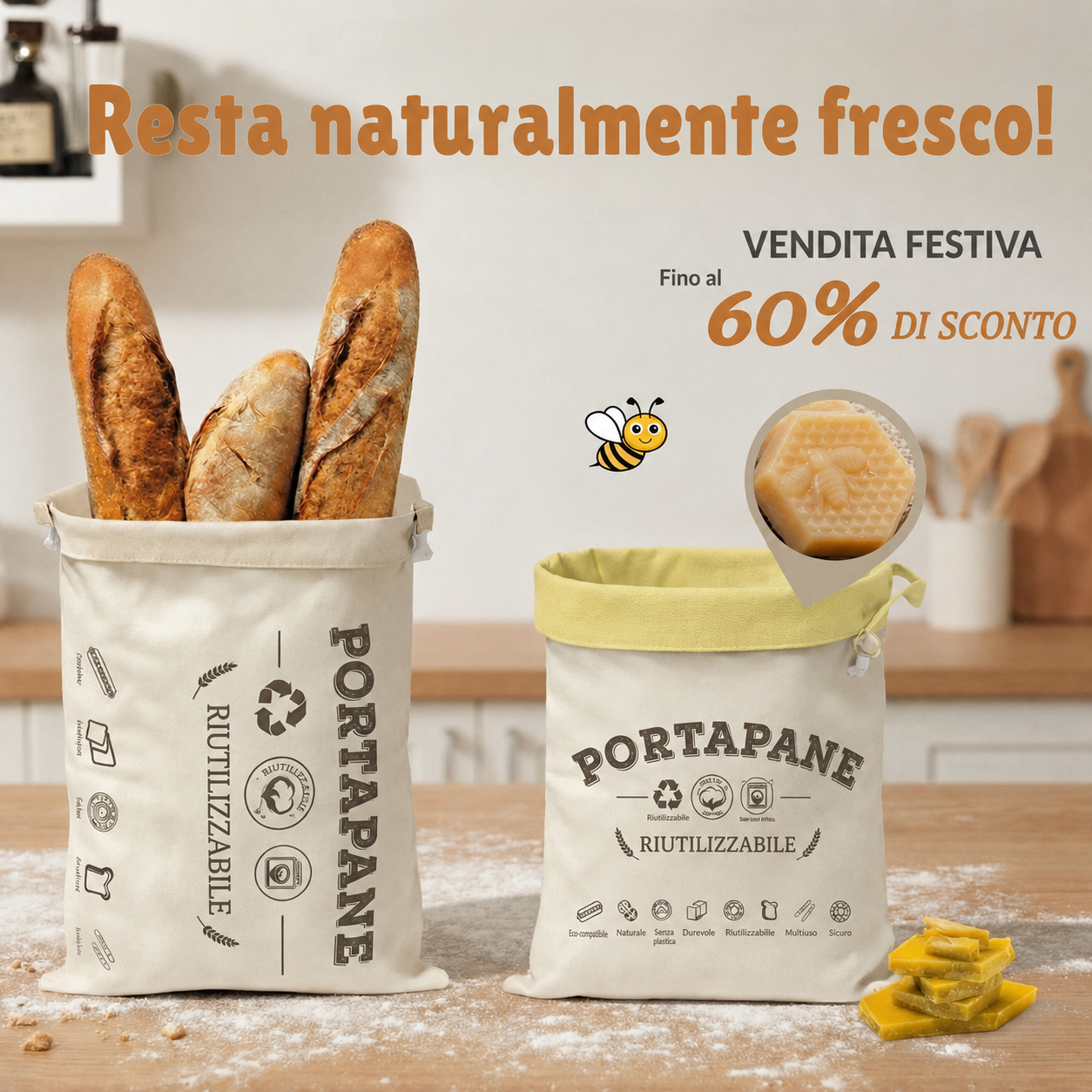 Sacchetto per il pane di alta qualità realizzato in cotone e cera d'api